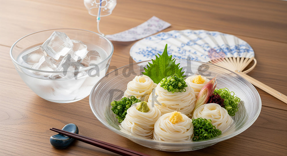 フリー素材 無料 写真｜ガラスの器に盛った冷やしそうめんと薬味を並べた日本の夏の食卓イメージ（人物なし）