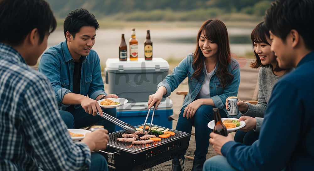 フリー素材 無料 写真｜屋外バーベキューグリルを日本人友人グループが囲んで肉や野菜を焼くシーン