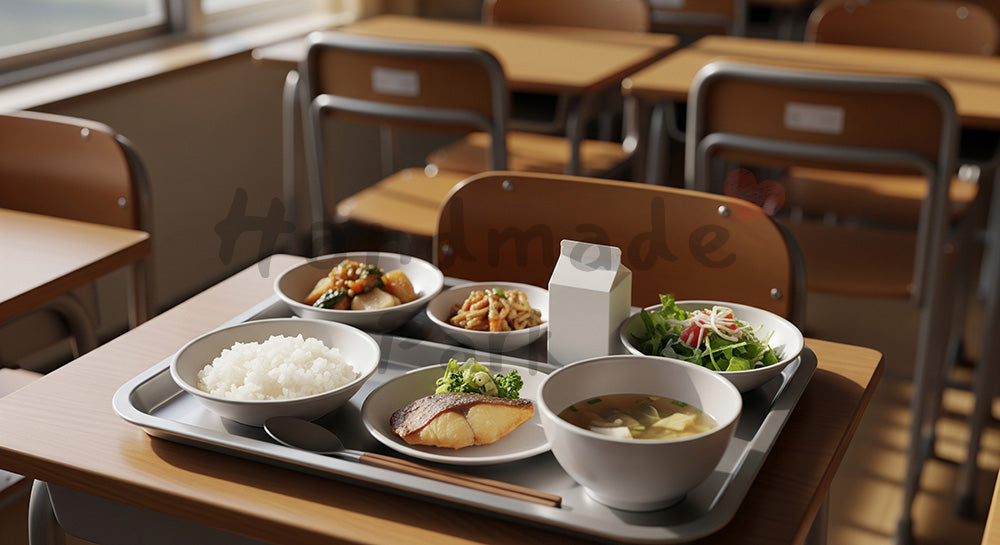 フリー素材 無料 写真｜小学校教室風の机に並んだ日本の学校給食トレーのクローズアップ（人物なし）（表現3）