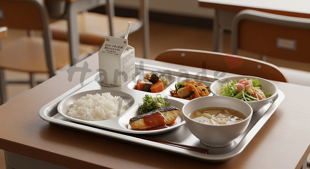 フリー素材 無料 写真｜小学校教室風の机に並んだ日本の学校給食トレーのクローズアップ（人物なし）（表現1）