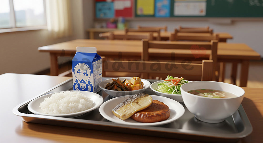 フリー素材 無料 写真｜小学校教室風の机に並んだ日本の学校給食トレーのクローズアップ（人物なし） コピースペースあり