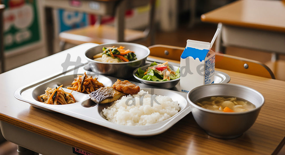 フリー素材 無料 写真｜小学校教室風の机に並んだ日本の学校給食トレーのクローズアップ（人物なし） 余白あり