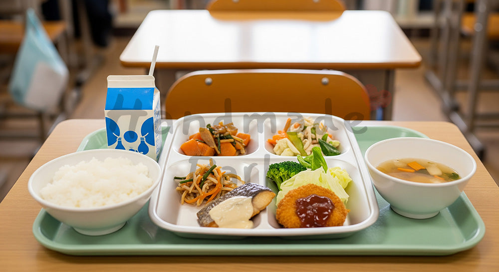 フリー素材 無料 写真｜小学校教室風の机に並んだ日本の学校給食トレーのクローズアップ（人物なし） 写真背景