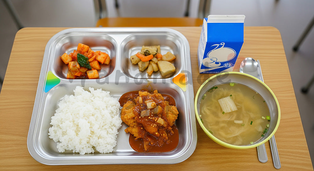 フリー素材 無料 写真｜小学校教室風の机に並んだ日本の学校給食トレーのクローズアップ（人物なし）