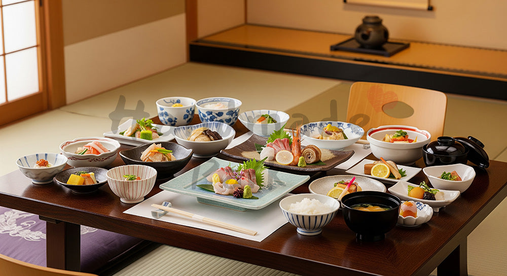 フリー素材 無料 写真｜和風座敷のテーブルに懐石料理風の和食コースが並ぶ上品な食卓シーン（人物なし） 写真背景