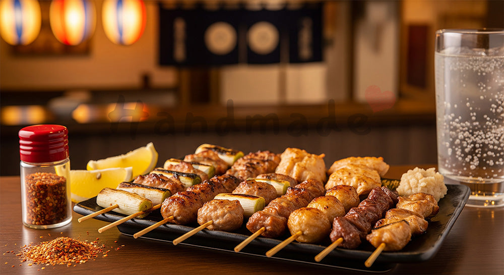 フリー素材 無料 写真｜皿に並んだ焼き鳥串とドリンクグラスのクローズアップ（居酒屋イメージ・人物なし） 余白あり