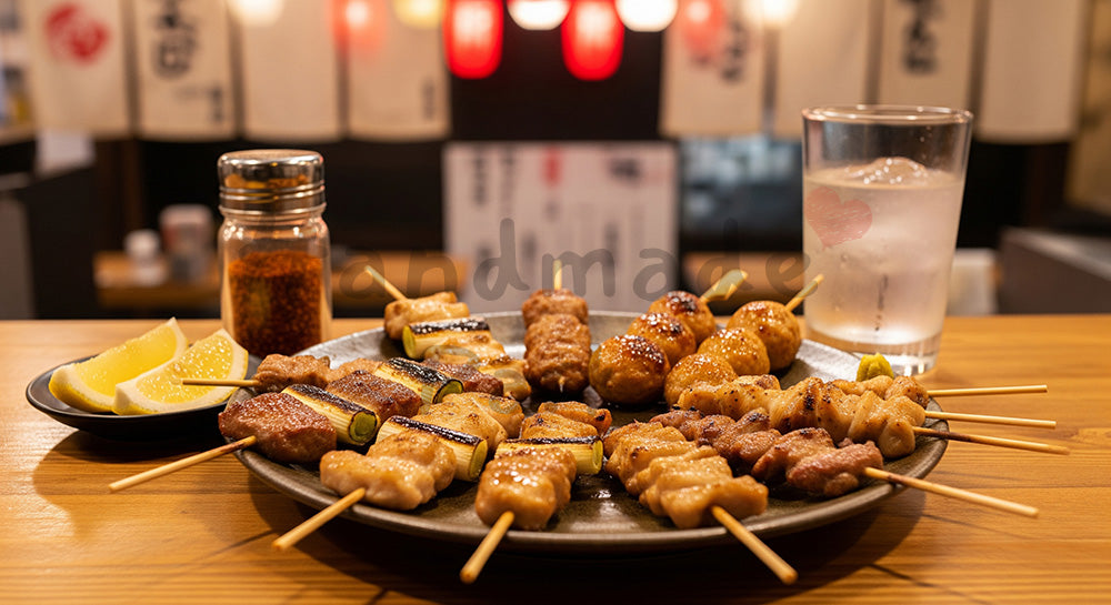 フリー素材 無料 写真｜皿に並んだ焼き鳥串とドリンクグラスのクローズアップ（居酒屋イメージ・人物なし） 写真背景