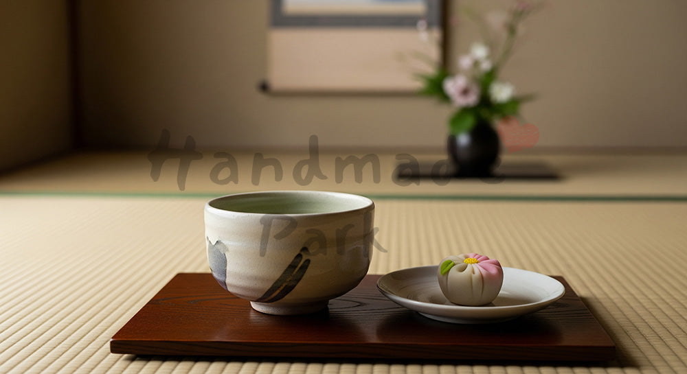 フリー素材 無料 写真｜畳の上に抹茶と和菓子を並べた日本の伝統的なお茶時間イメージ（人物なし） 余白あり