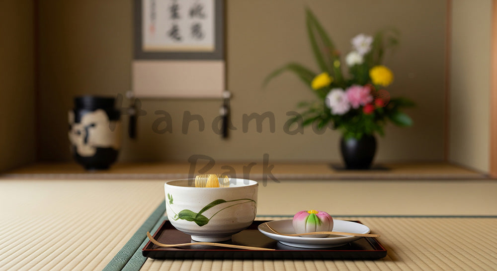 フリー素材 無料 写真｜畳の上に抹茶と和菓子を並べた日本の伝統的なお茶時間イメージ（人物なし） 写真背景