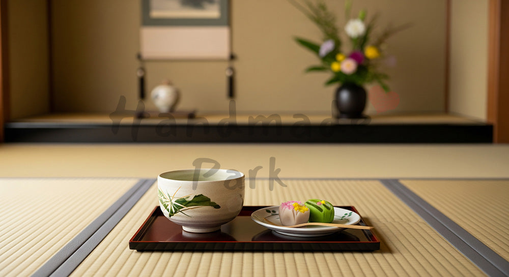 フリー素材 無料 写真｜畳の上に抹茶と和菓子を並べた日本の伝統的なお茶時間イメージ（人物なし）