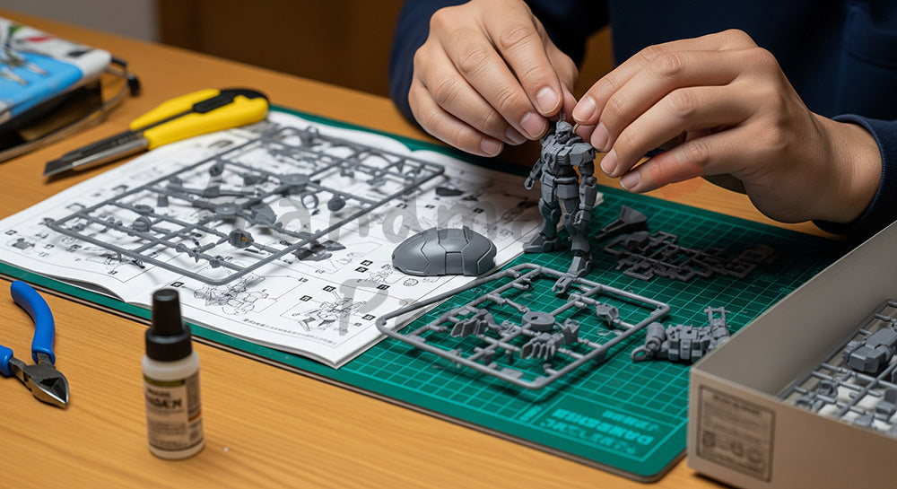 フリー素材 無料 写真｜木目デスクでプラモデル制作を楽しむ日本人男性の手元シーン 余白あり