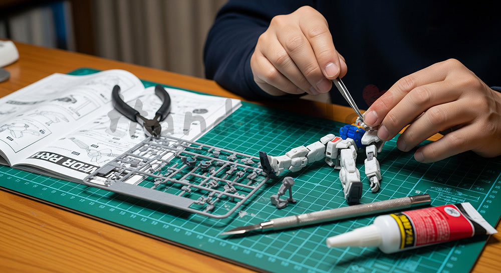 フリー素材 無料 写真｜木目デスクでプラモデル制作を楽しむ日本人男性の手元シーン 背景素材