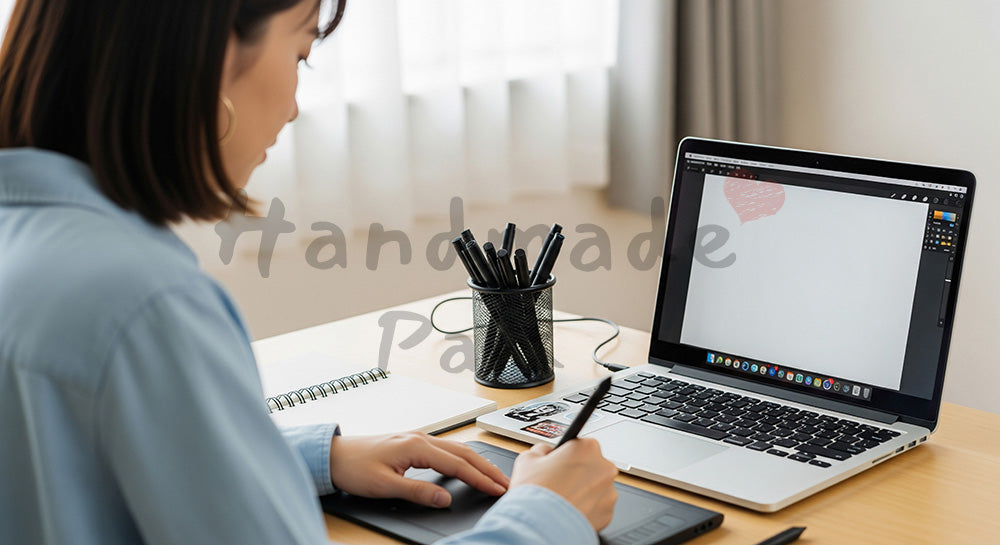 フリー素材 無料 写真｜ペンタブとノートPCでデジタルイラスト制作をする日本人女性クリエイター 余白あり