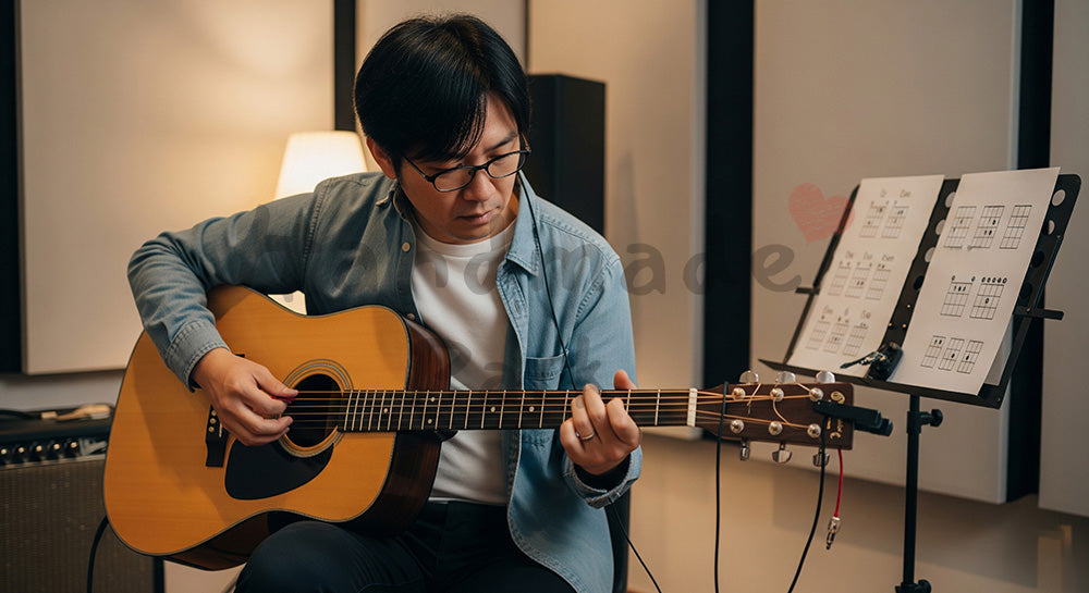 フリー素材 無料 写真｜ギターを抱えてコード練習をする日本人男性の音楽趣味シーン 写真背景