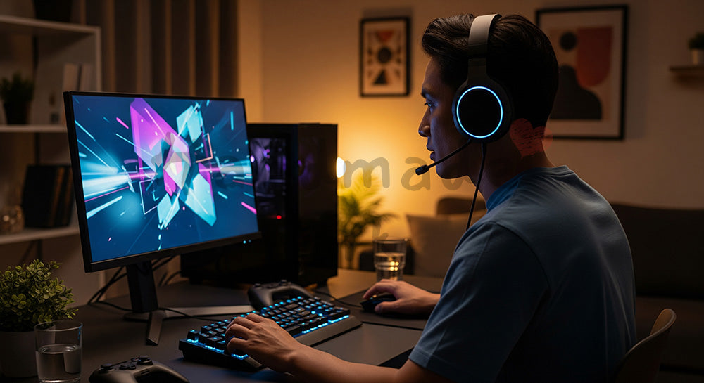 フリー素材 無料 写真｜ゲーミングPCとヘッドセットでオンラインゲームを楽しむ日本人男性