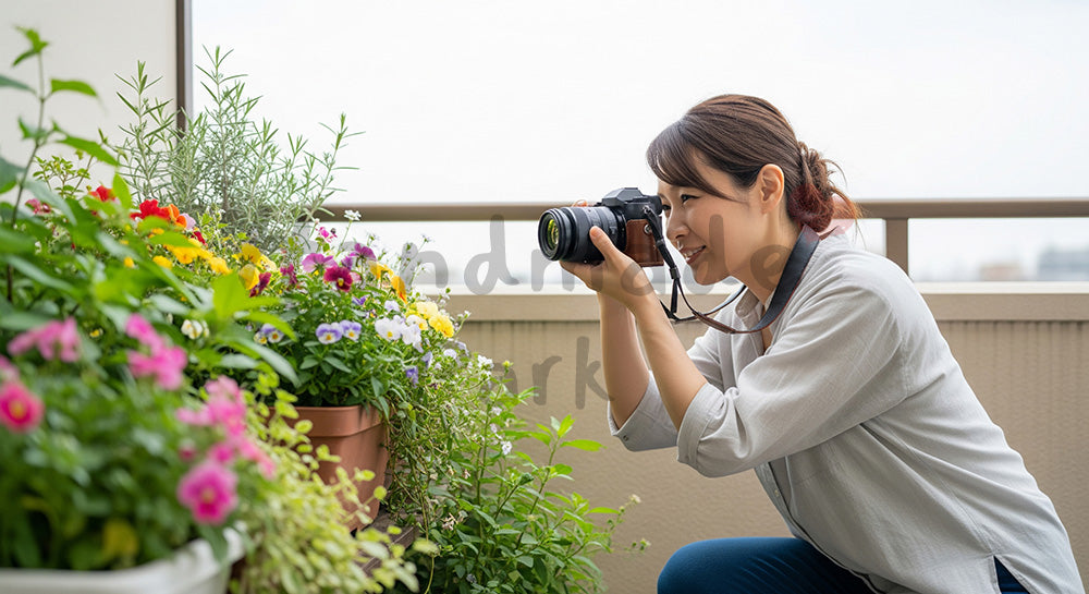 フリー素材 無料 写真｜ベランダで花を撮影する日本人女性カメラ愛好家の休日シーン 写真背景