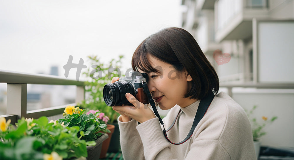 フリー素材 無料 写真｜ベランダで花を撮影する日本人女性カメラ愛好家の休日シーン 背景素材