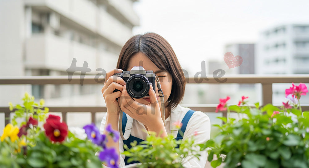 フリー素材 無料 写真｜ベランダで花を撮影する日本人女性カメラ愛好家の休日シーン