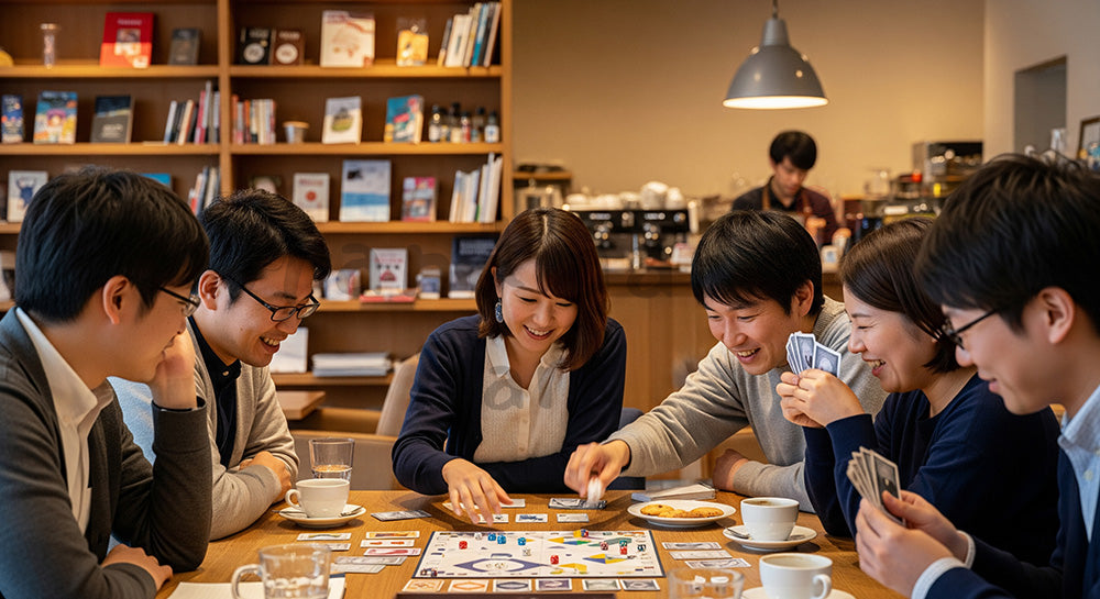フリー素材 無料 写真｜ボードゲームカフェ風の店内でゲームを楽しむ日本人グループ 背景素材