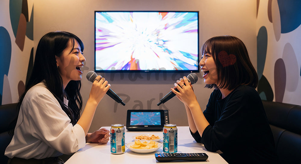 フリー素材 無料 写真｜カラオケルームでマイクを手に歌う日本人女性二人の娯楽シーン 余白あり