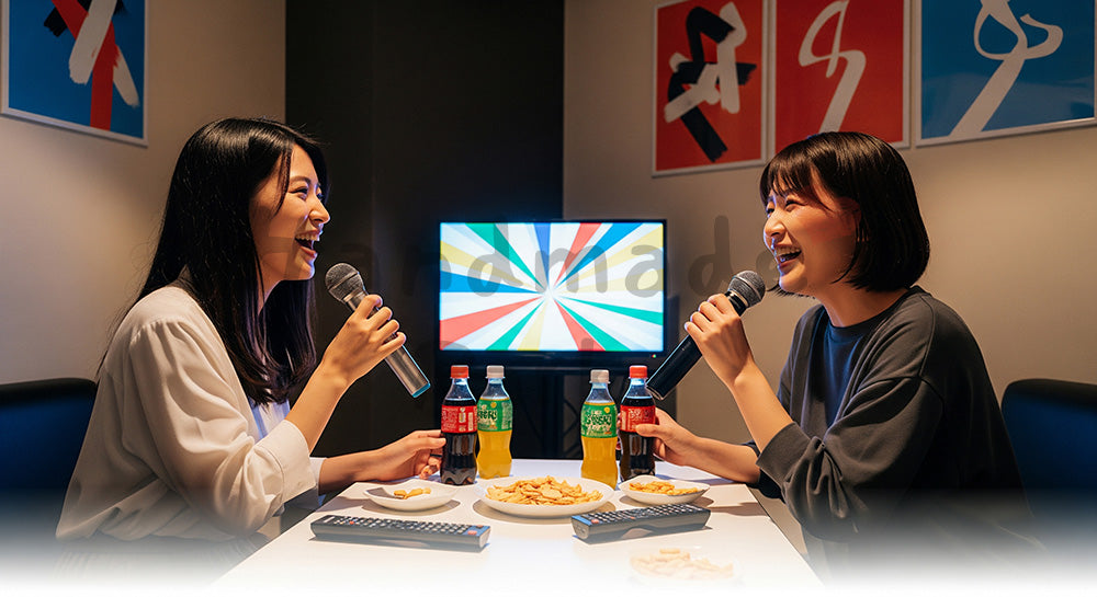 フリー素材 無料 写真｜カラオケルームでマイクを手に歌う日本人女性二人の娯楽シーン 背景素材