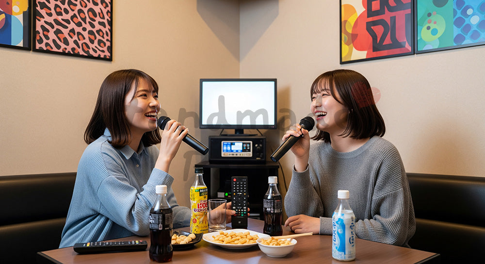 フリー素材 無料 写真｜カラオケルームでマイクを手に歌う日本人女性二人の娯楽シーン