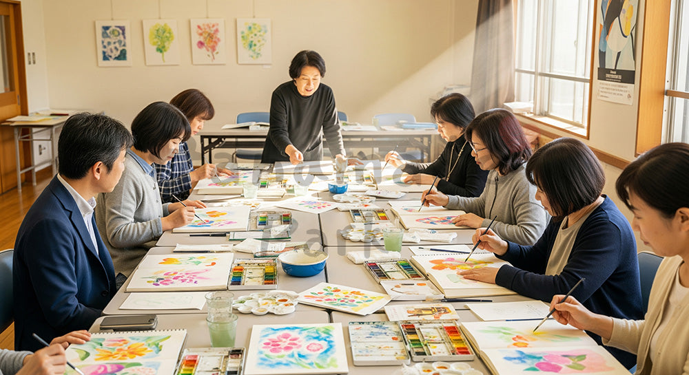 フリー素材 無料 写真｜水彩画教室で絵を描く日本人参加者と講師のカルチャースクールシーン 余白あり