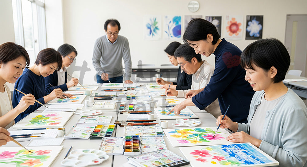 フリー素材 無料 写真｜水彩画教室で絵を描く日本人参加者と講師のカルチャースクールシーン 写真背景