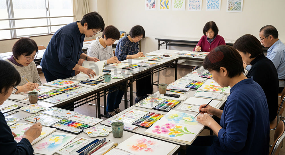 フリー素材 無料 写真｜水彩画教室で絵を描く日本人参加者と講師のカルチャースクールシーン 背景素材