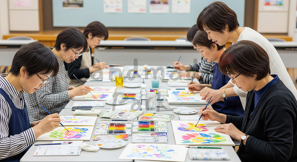 フリー素材 無料 写真｜水彩画教室で絵を描く日本人参加者と講師のカルチャースクールシーン