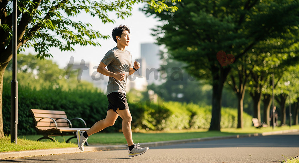 フリー素材 無料 写真｜朝の公園でジョギングをする日本人男性ランナーのヘルシーライフ 写真背景