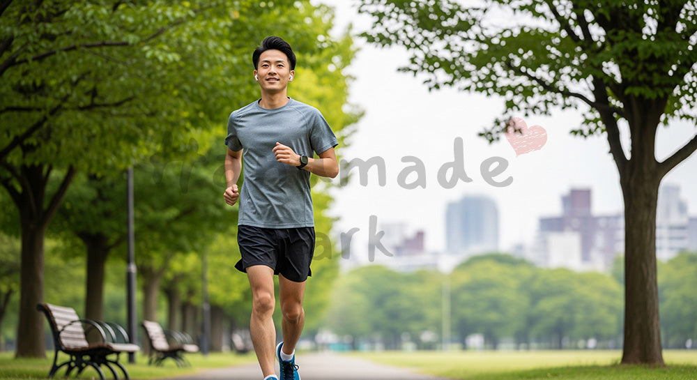 フリー素材 無料 写真｜朝の公園でジョギングをする日本人男性ランナーのヘルシーライフ
