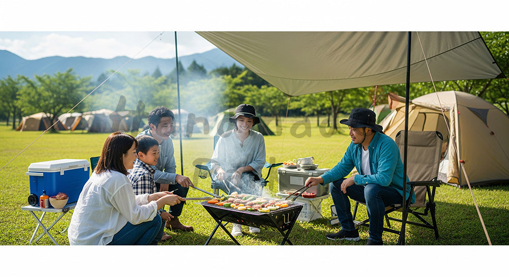 フリー素材 無料 写真｜キャンプ場のタープ下でバーベキューを楽しむ日本人グループ 余白あり