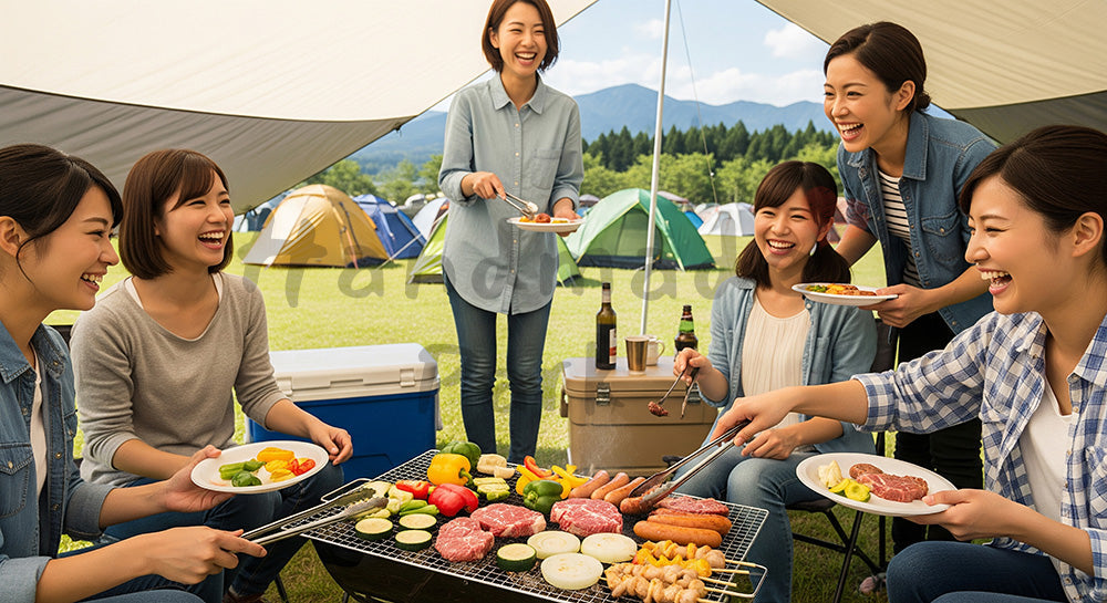 フリー素材 無料 写真｜キャンプ場のタープ下でバーベキューを楽しむ日本人グループ 背景素材