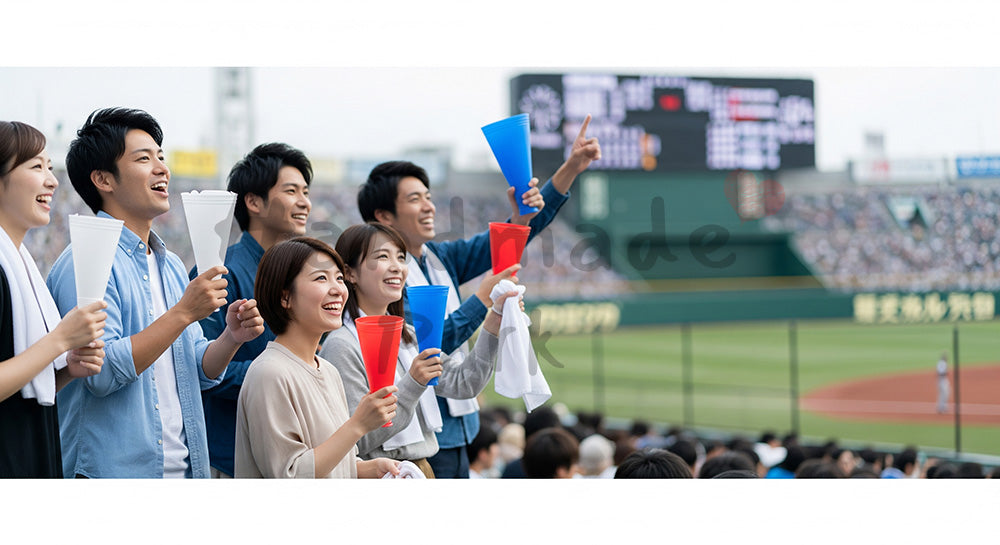 フリー素材 無料 写真｜野球場スタンドで応援グッズを手に観戦を楽しむ日本人グループ 余白あり
