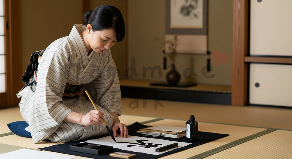フリー素材 無料 写真｜和室で筆と墨を使い書道をたしなむ日本人女性 写真背景
