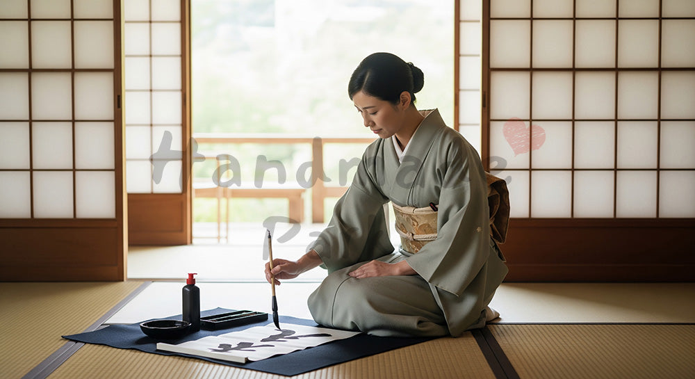 フリー素材 無料 写真｜和室で筆と墨を使い書道をたしなむ日本人女性 背景素材