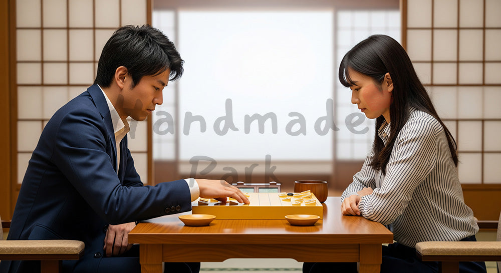 フリー素材 無料 写真｜将棋盤または囲碁盤を挟んで対局を楽しむ日本人男女の知的ゲームシーン 余白あり