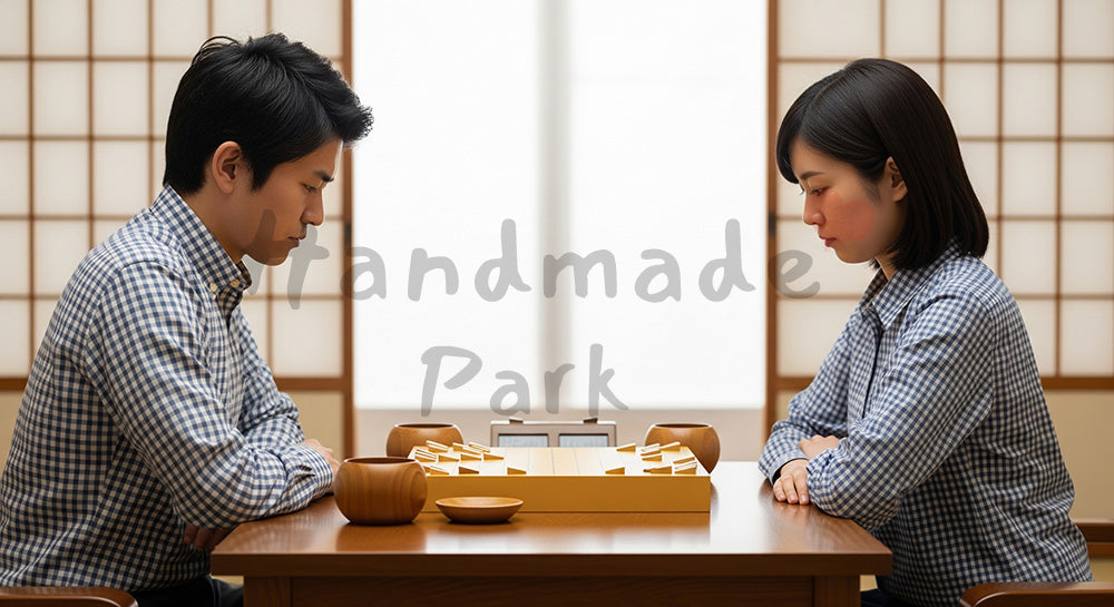 フリー素材 無料 写真｜将棋盤または囲碁盤を挟んで対局を楽しむ日本人男女の知的ゲームシーン 背景素材