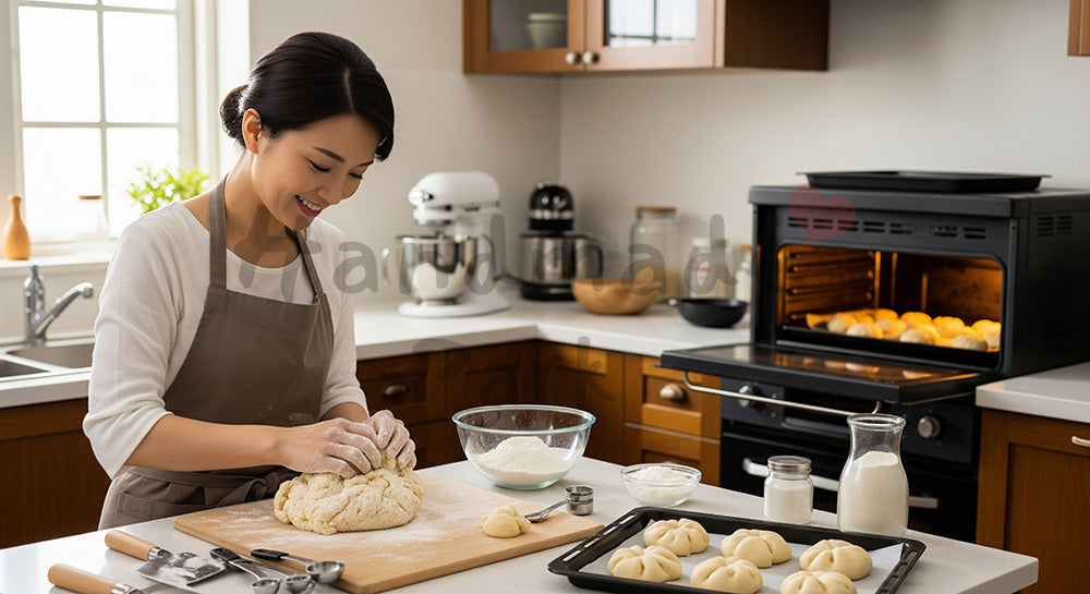 フリー素材 無料 写真｜自宅リビングでヨガマットの上でストレッチする日本人女性 余白あり