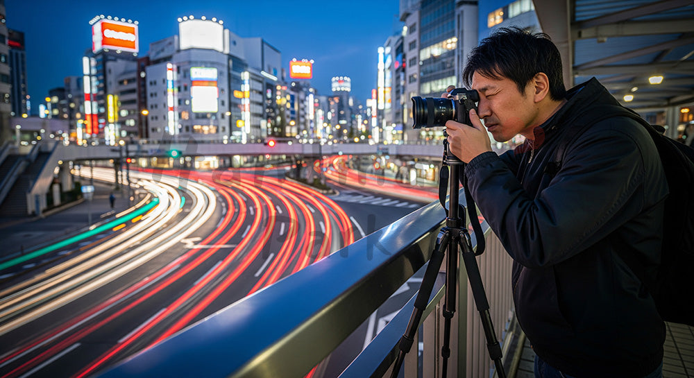 フリー素材 無料 写真｜都心の歩道橋から夜景撮影を楽しむ日本人男性フォトグラファー 余白あり
