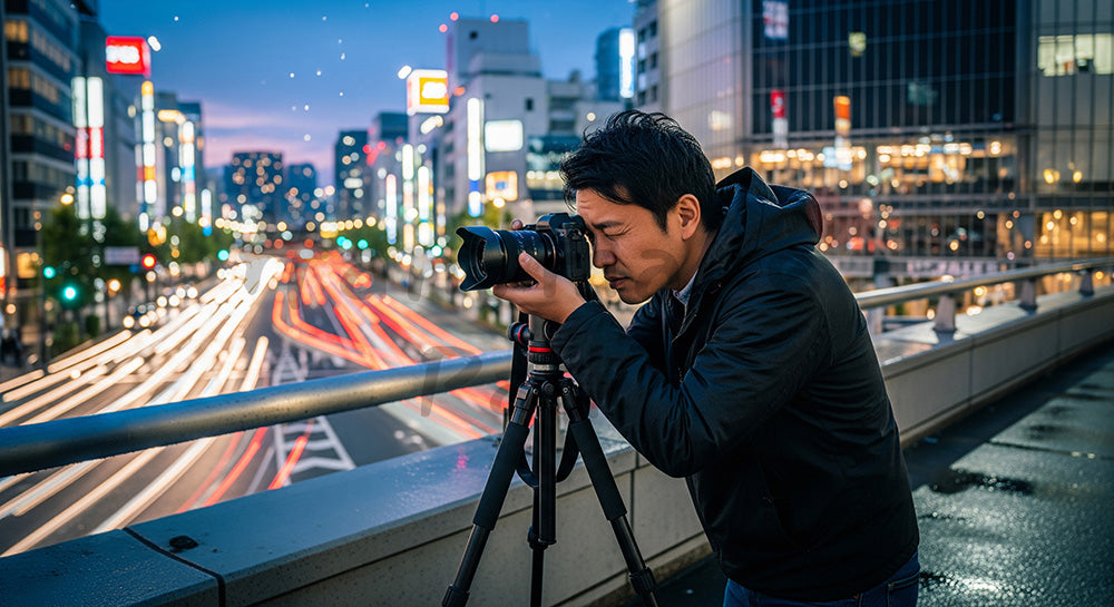 フリー素材 無料 写真｜都心の歩道橋から夜景撮影を楽しむ日本人男性フォトグラファー 写真背景