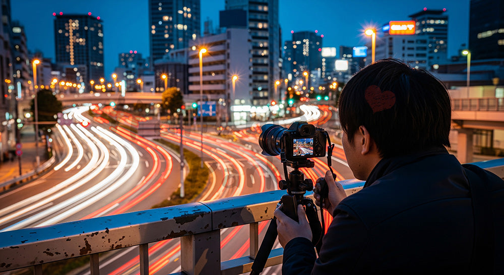 フリー素材 無料 写真｜都心の歩道橋から夜景撮影を楽しむ日本人男性フォトグラファー 背景素材