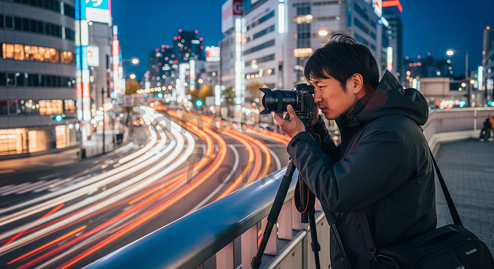 フリー素材 無料 写真｜都心の歩道橋から夜景撮影を楽しむ日本人男性フォトグラファー