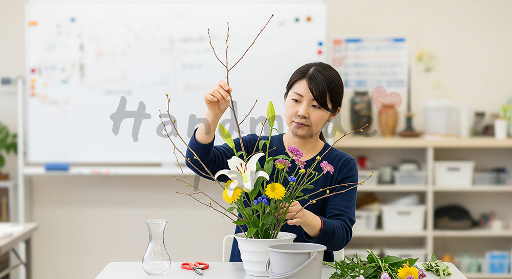フリー素材 無料 写真｜生け花教室で花器に季節の花をいける日本人女性 余白あり