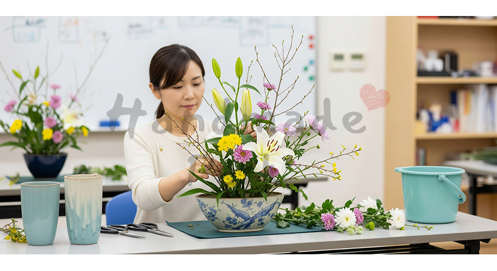 フリー素材 無料 写真｜生け花教室で花器に季節の花をいける日本人女性 背景素材