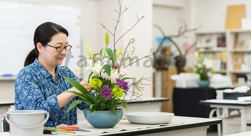 フリー素材 無料 写真｜生け花教室で花器に季節の花をいける日本人女性