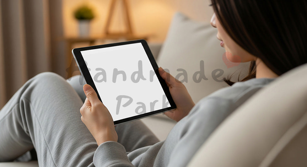 フリー素材 無料 写真｜タブレットで電子コミックを読む日本人女性のおうち時間 余白あり