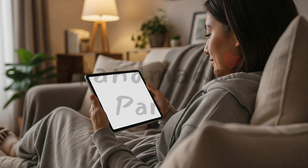 フリー素材 無料 写真｜タブレットで電子コミックを読む日本人女性のおうち時間 背景素材