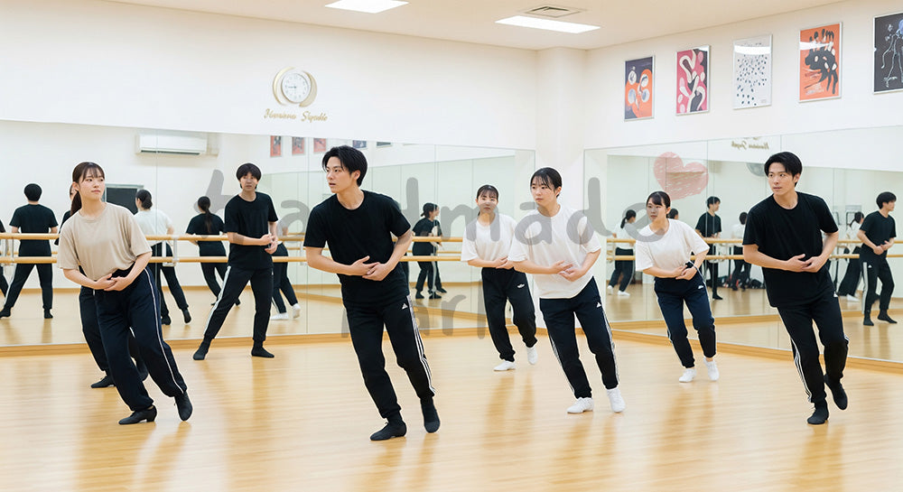 フリー素材 無料 写真｜ダンススタジオでインストラクターと一緒にレッスンを受ける日本人若者グループ 写真背景